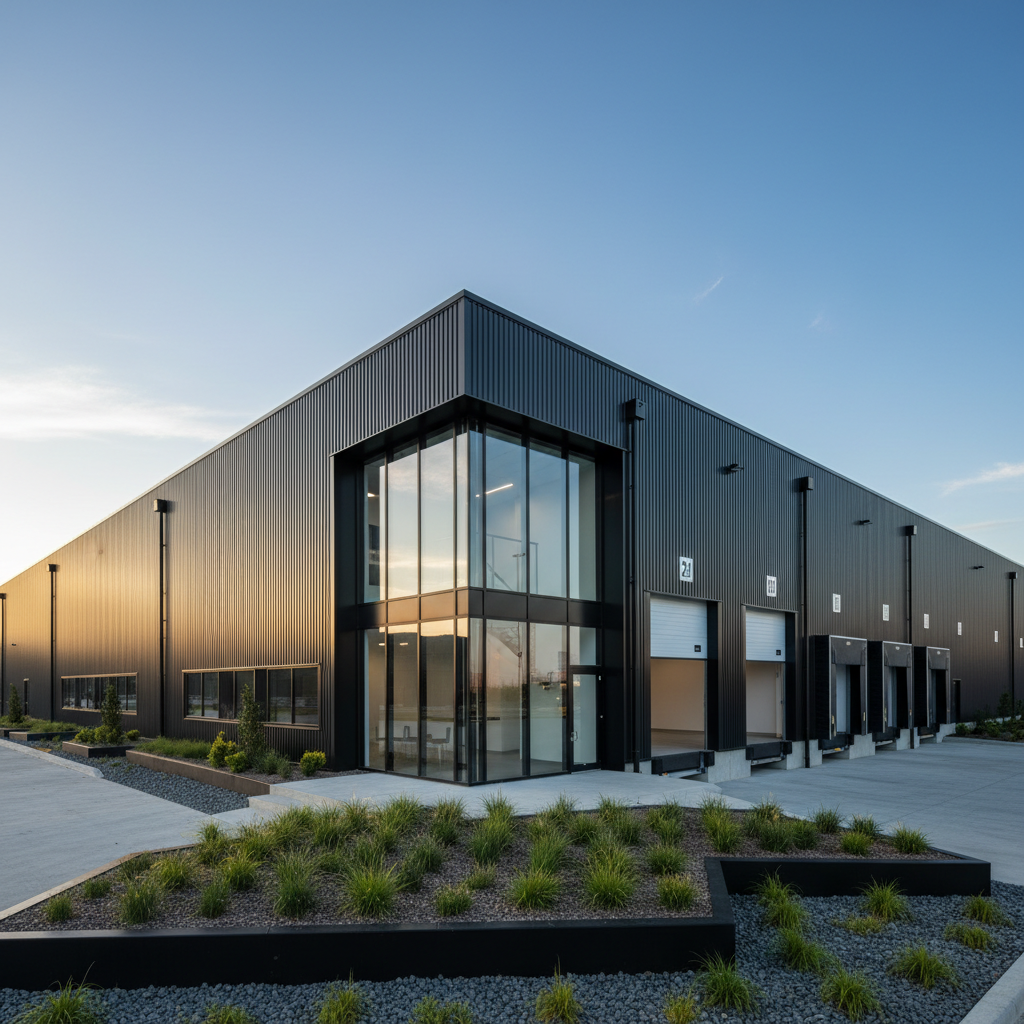 A modern light-industrial warehouse building exterior