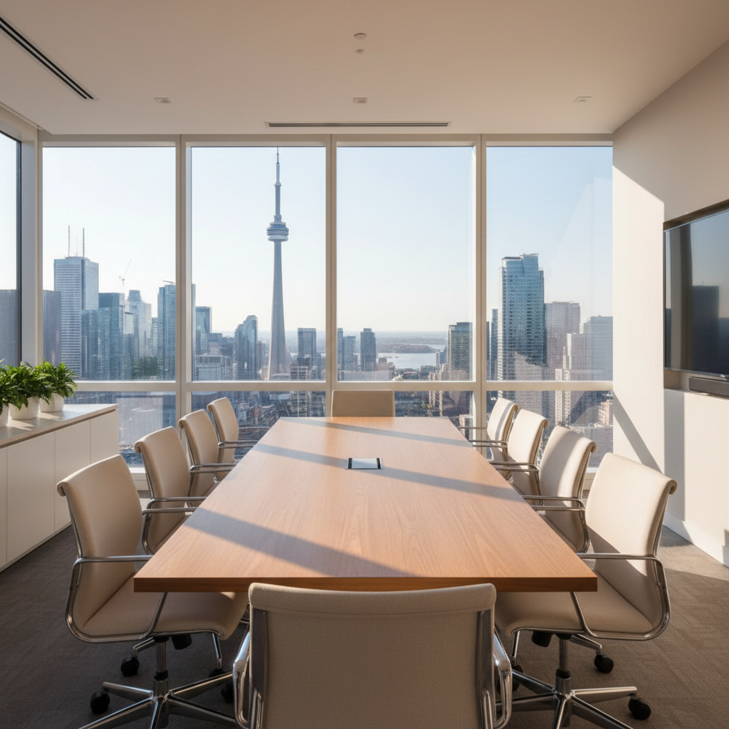 A modern office meeting room with a downtown Toronto skyline view